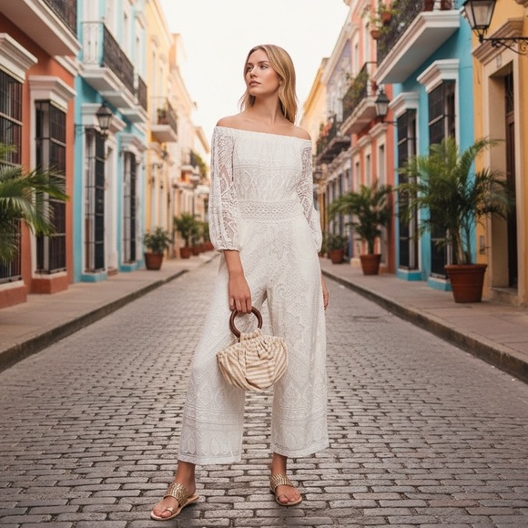 Anthropologie Pants - 🤍 Farm Rio x Anthropologie | Lace Off-Shoulder Jumpsuit | Ivory | Size M